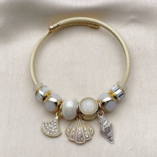 Stainless Steel Individual Bangle, Shell and Snail Design, with Crystal and Ivory Crystal, White Enamel Finish, Golden Finish