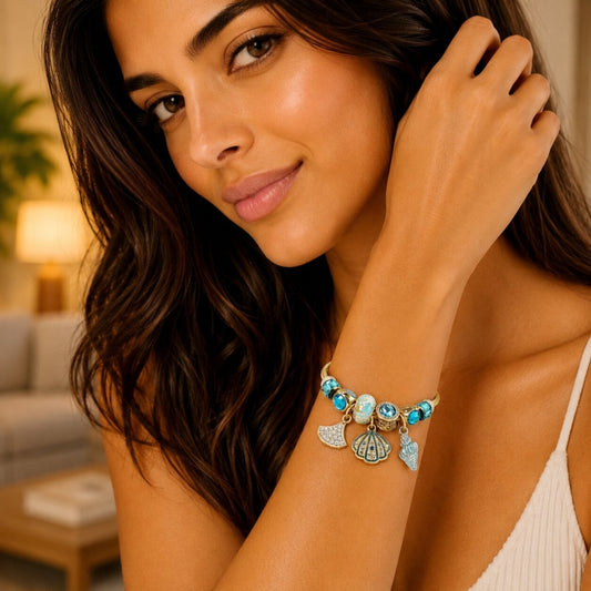 Stainless Steel Individual Bangle, Shell and Snail Design, with Light Turquoise and Blue Zircon Crystal, Turquoise Enamel Finish, Golden Finish