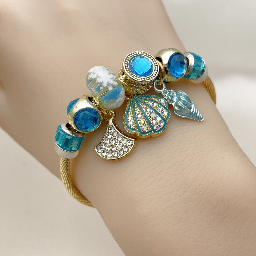 Stainless Steel Individual Bangle, Shell and Snail Design, with Light Turquoise and Blue Zircon Crystal, Turquoise Enamel Finish, Golden Finish