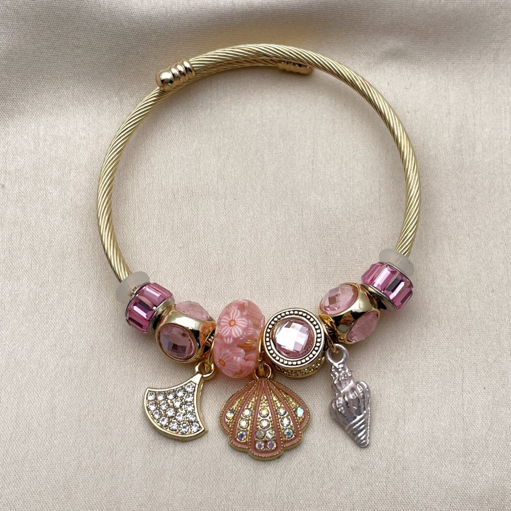 Stainless Steel Individual Bangle, Shell and Snail Design, with Light Rose and Aurore Boreale Crystal, Pink Enamel Finish, Golden Finish
