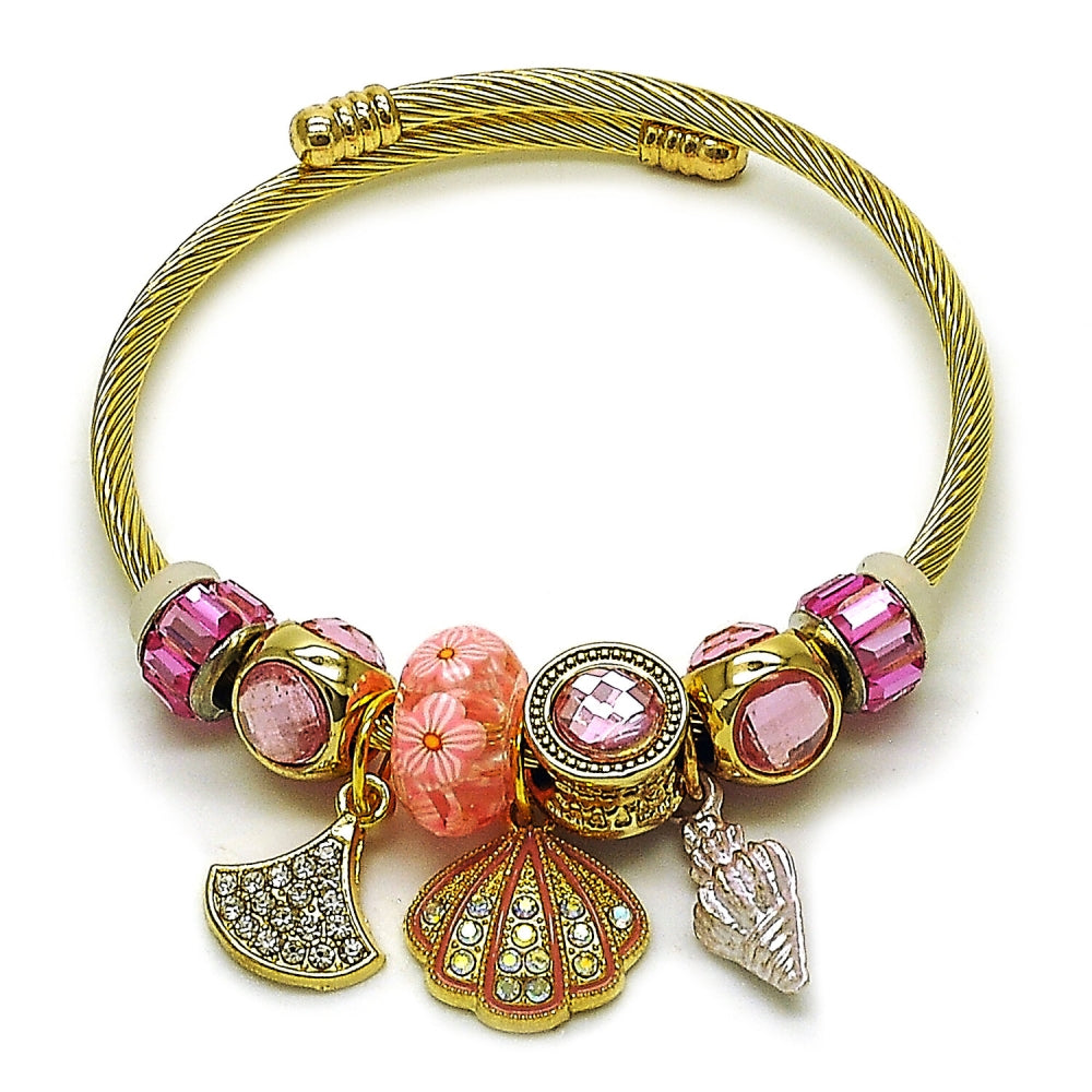 Stainless Steel Individual Bangle, Shell and Snail Design, with Light Rose and Aurore Boreale Crystal, Pink Enamel Finish, Golden Finish