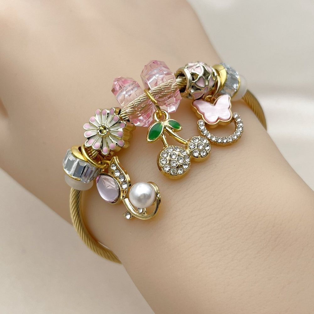 Stainless Steel Individual Bangle, Flower and Cherry Design, with Light Rose and Crystal Crystal, Pink Enamel Finish, Golden Finish
