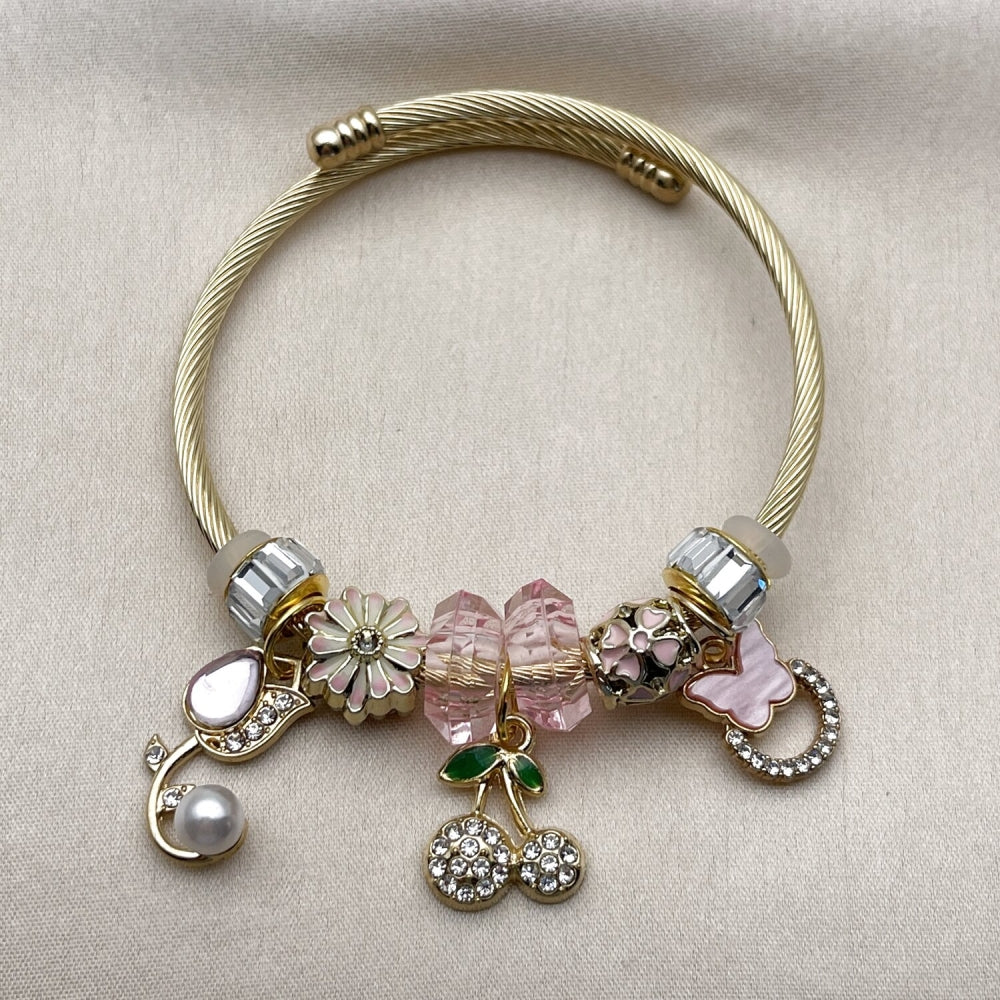 Stainless Steel Individual Bangle, Flower and Cherry Design, with Light Rose and Crystal Crystal, Pink Enamel Finish, Golden Finish