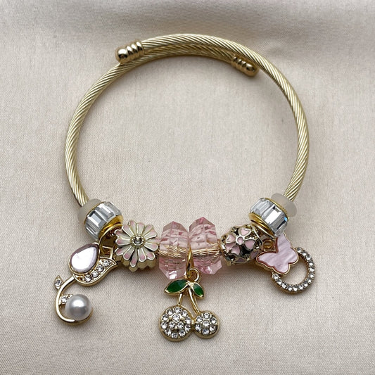 Stainless Steel Individual Bangle, Flower and Cherry Design, with Light Rose and Crystal Crystal, Pink Enamel Finish, Golden Finish