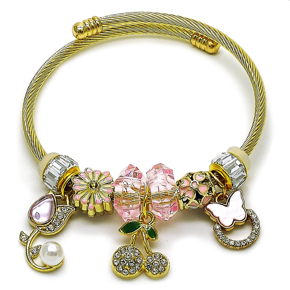 Stainless Steel Individual Bangle, Flower and Cherry Design, with Light Rose and Crystal Crystal, Pink Enamel Finish, Golden Finish