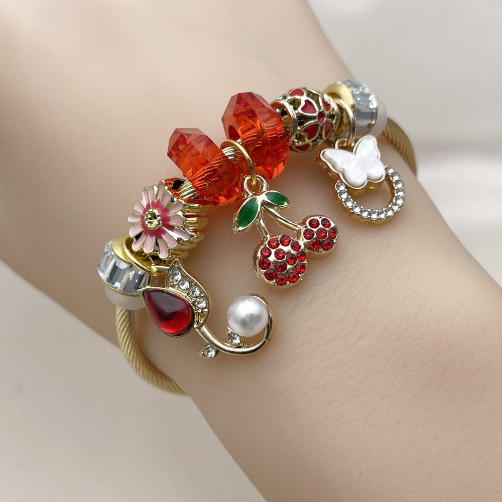 Stainless Steel Individual Bangle, Flower and Cherry Design, with Light Siam and Crystal Crystal, Red Enamel Finish, Golden Finish