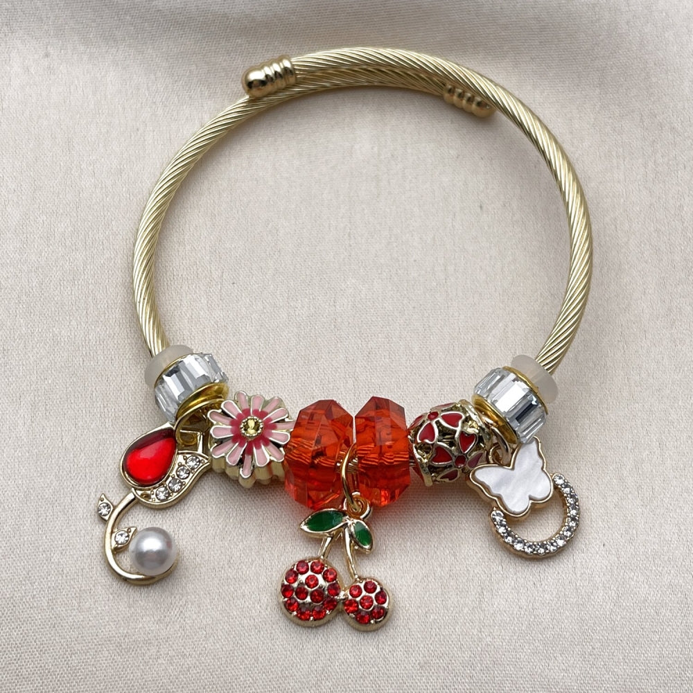 Stainless Steel Individual Bangle, Flower and Cherry Design, with Light Siam and Crystal Crystal, Red Enamel Finish, Golden Finish