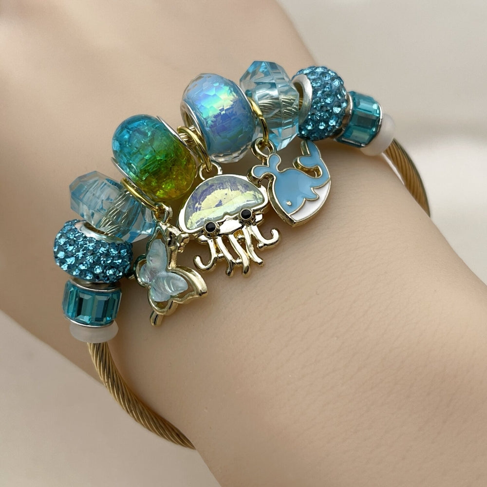 Stainless Steel Individual Bangle, Fish and Butterfly Design, with Light Turquoise Crystal, Turquoise Enamel Finish, Golden Finish