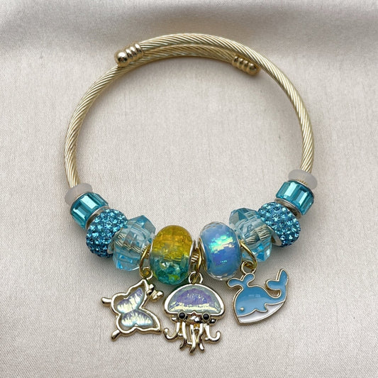 Stainless Steel Individual Bangle, Fish and Butterfly Design, with Light Turquoise Crystal, Turquoise Enamel Finish, Golden Finish