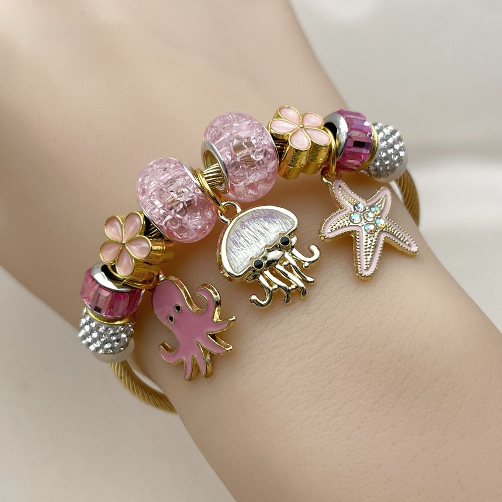 Stainless Steel Individual Bangle, Star and Flower Design, with Rose and Light Rose Crystal, Pink Enamel Finish, Golden Finish