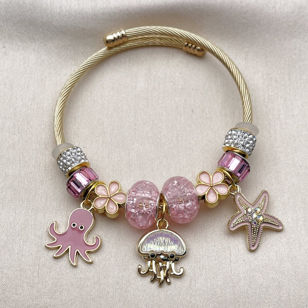 Stainless Steel Individual Bangle, Star and Flower Design, with Rose and Light Rose Crystal, Pink Enamel Finish, Golden Finish