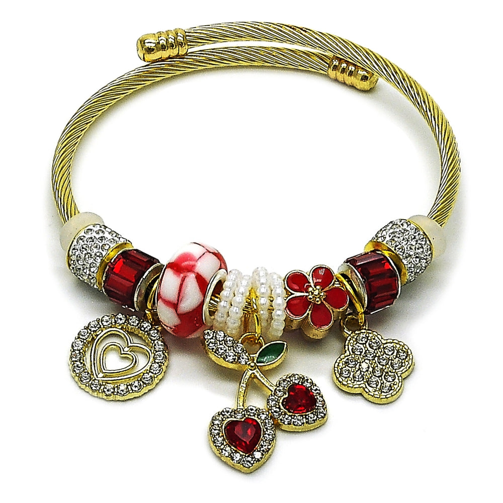 Stainless Steel Individual Bangle, Cherry and Heart Design, with Siam and Crystal Crystal, Red Enamel Finish, Golden Finish