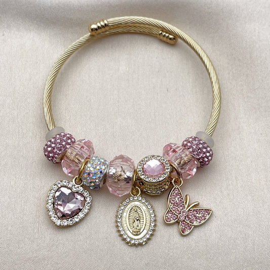 Stainless Steel Individual Bangle, Guadalupe and Heart Design, with Light Rose and Crystal Crystal, Polished, Golden Finish