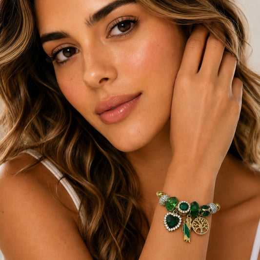 Stainless Steel Individual Bangle, San Judas and Heart Design, with Emerald and Aurore Boreale Crystal, Green Enamel Finish, Golden Finish