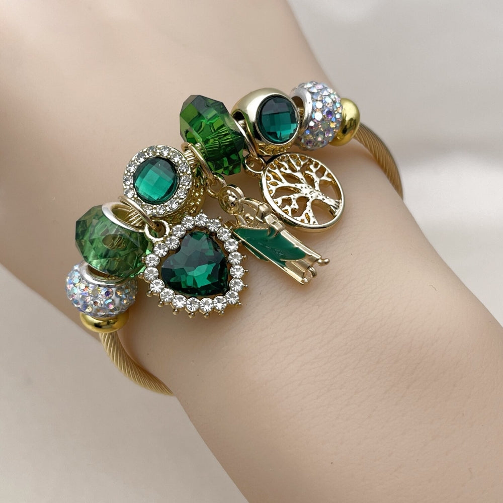 Stainless Steel Individual Bangle, San Judas and Heart Design, with Emerald and Aurore Boreale Crystal, Green Enamel Finish, Golden Finish