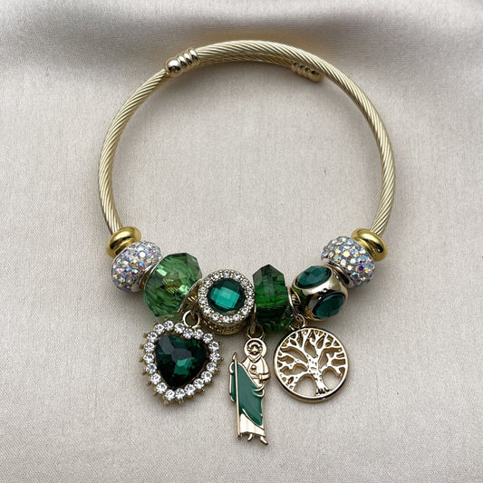 Stainless Steel Individual Bangle, San Judas and Heart Design, with Emerald and Aurore Boreale Crystal, Green Enamel Finish, Golden Finish