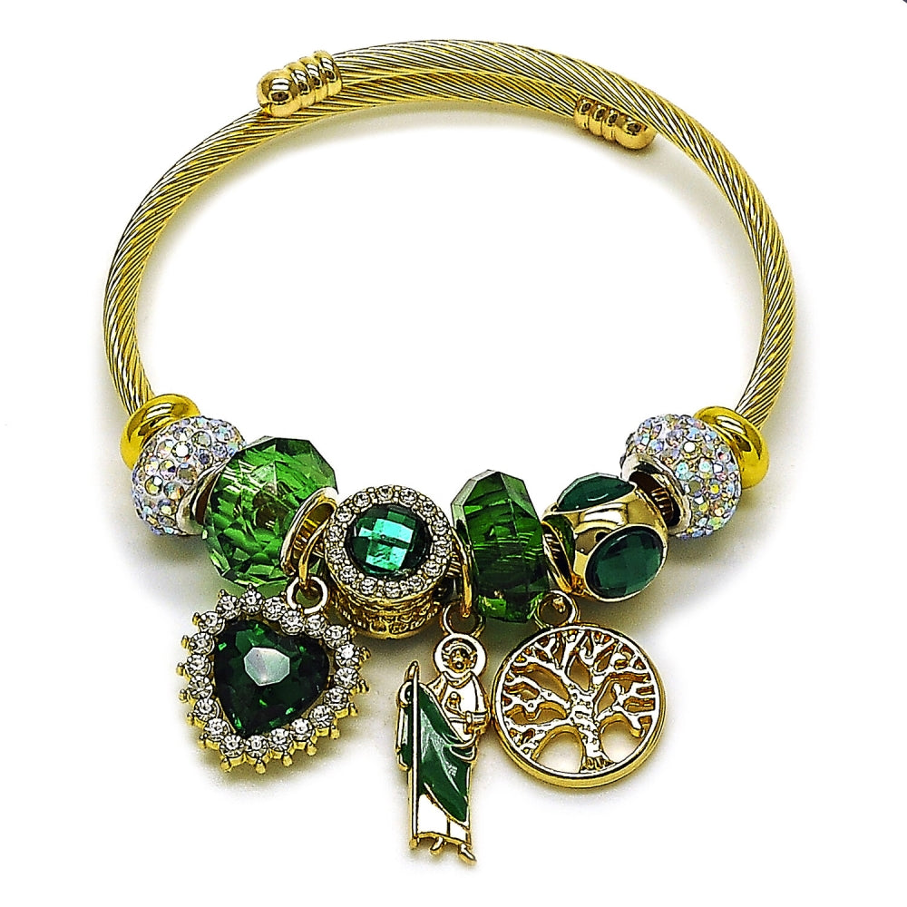 Stainless Steel Individual Bangle, San Judas and Heart Design, with Emerald and Aurore Boreale Crystal, Green Enamel Finish, Golden Finish