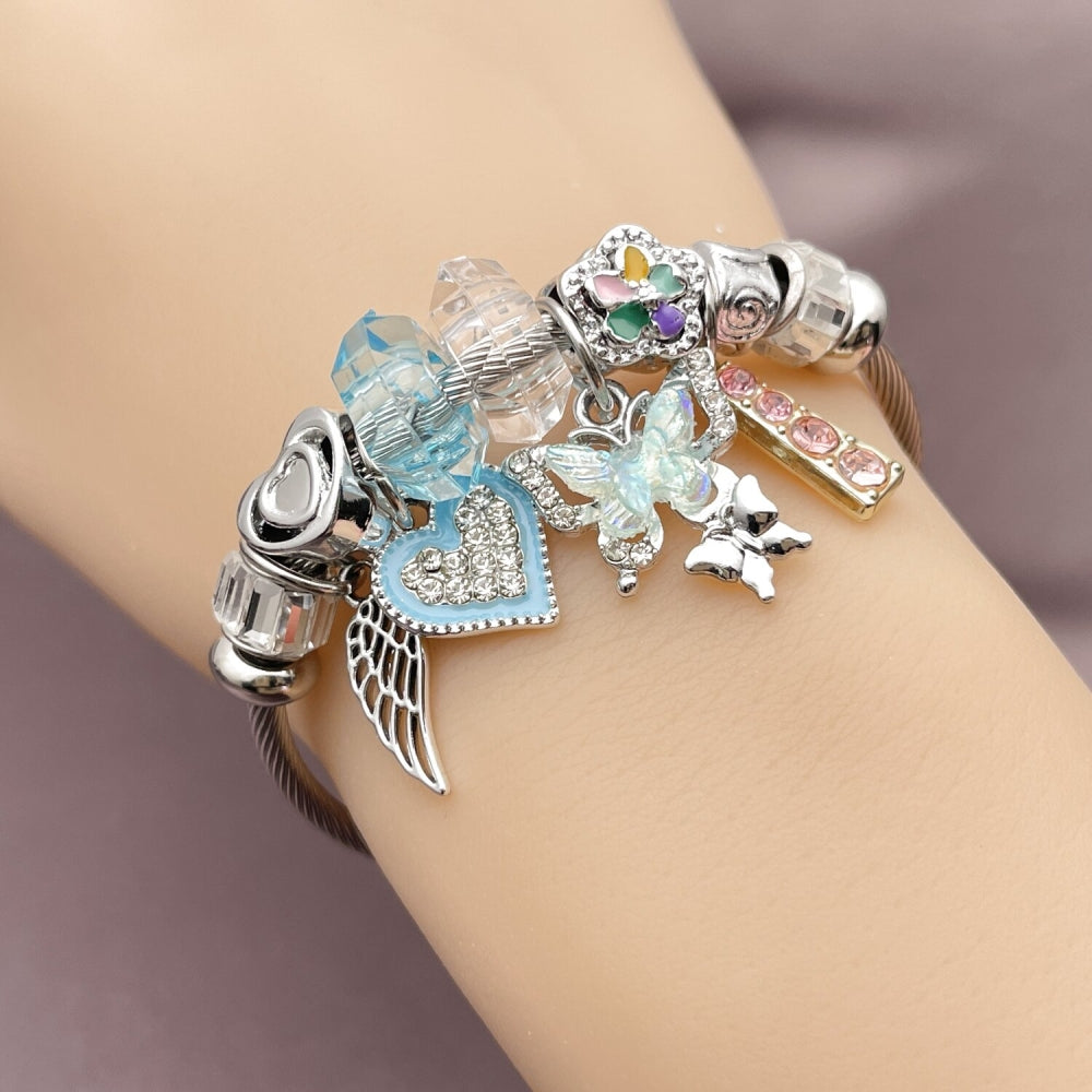 Stainless Steel Individual Bangle, Butterfly and Heart Design, with Crystal and Light Turquoise Crystal, Turquoise Enamel Finish, Two Tone