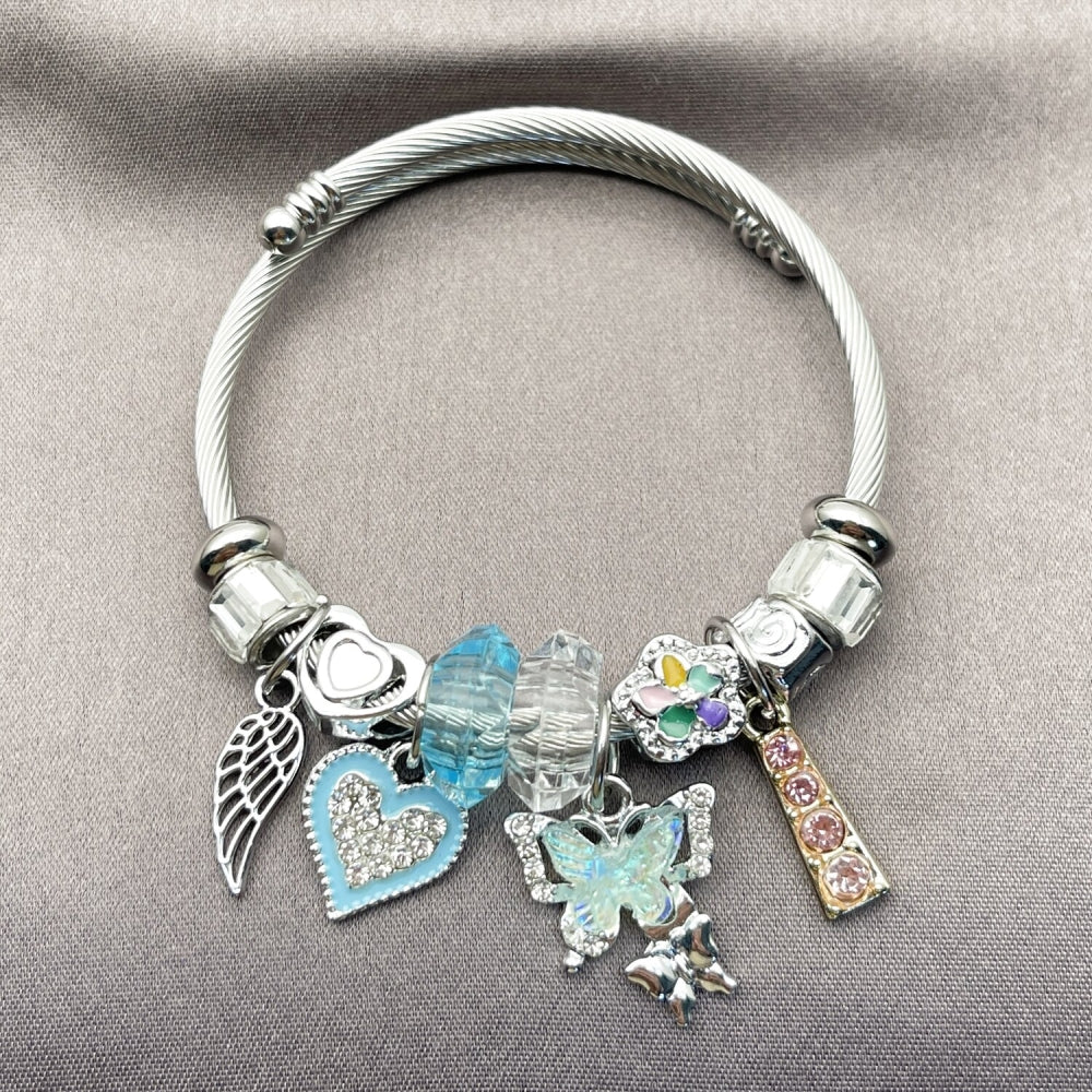 Stainless Steel Individual Bangle, Butterfly and Heart Design, with Crystal and Light Turquoise Crystal, Turquoise Enamel Finish, Two Tone
