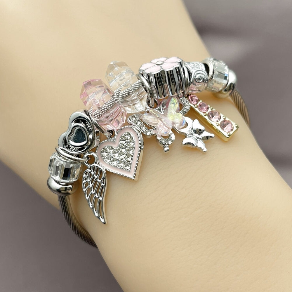 Stainless Steel Individual Bangle, Butterfly and Heart Design, with Crystal and Light Rose Crystal, Pink Enamel Finish, Two Tone