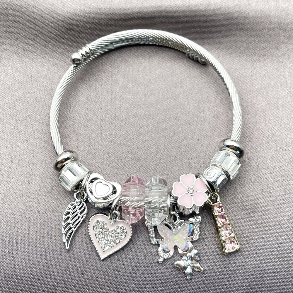 Stainless Steel Individual Bangle, Butterfly and Heart Design, with Crystal and Light Rose Crystal, Pink Enamel Finish, Two Tone
