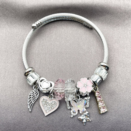 Stainless Steel Individual Bangle, Butterfly and Heart Design, with Crystal and Light Rose Crystal, Pink Enamel Finish, Two Tone
