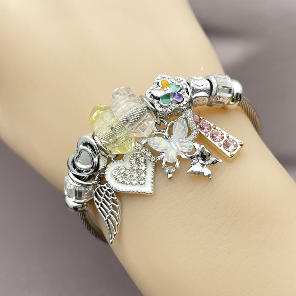 Stainless Steel Individual Bangle, Butterfly and Heart Design, with Crystal and Light Rose Crystal, White Enamel Finish, Two Tone