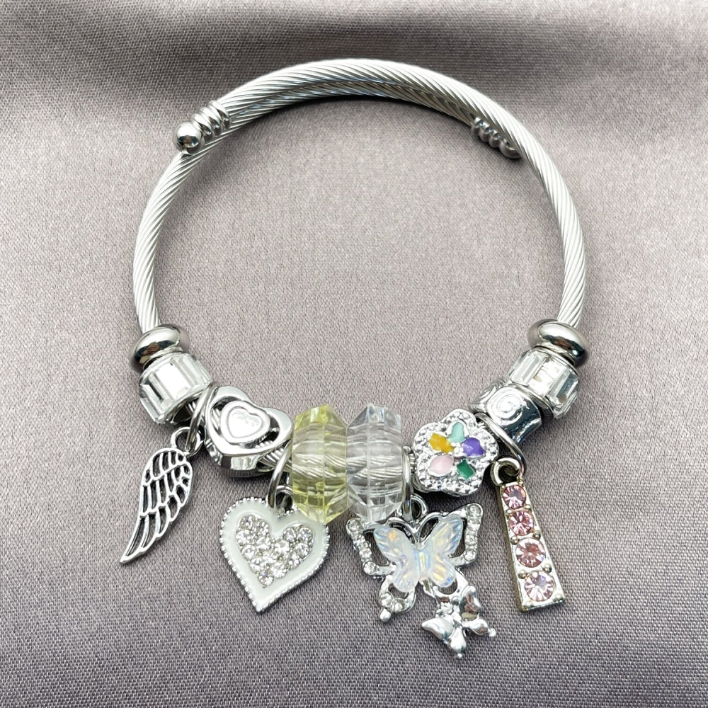 Stainless Steel Individual Bangle, Butterfly and Heart Design, with Crystal and Light Rose Crystal, White Enamel Finish, Two Tone