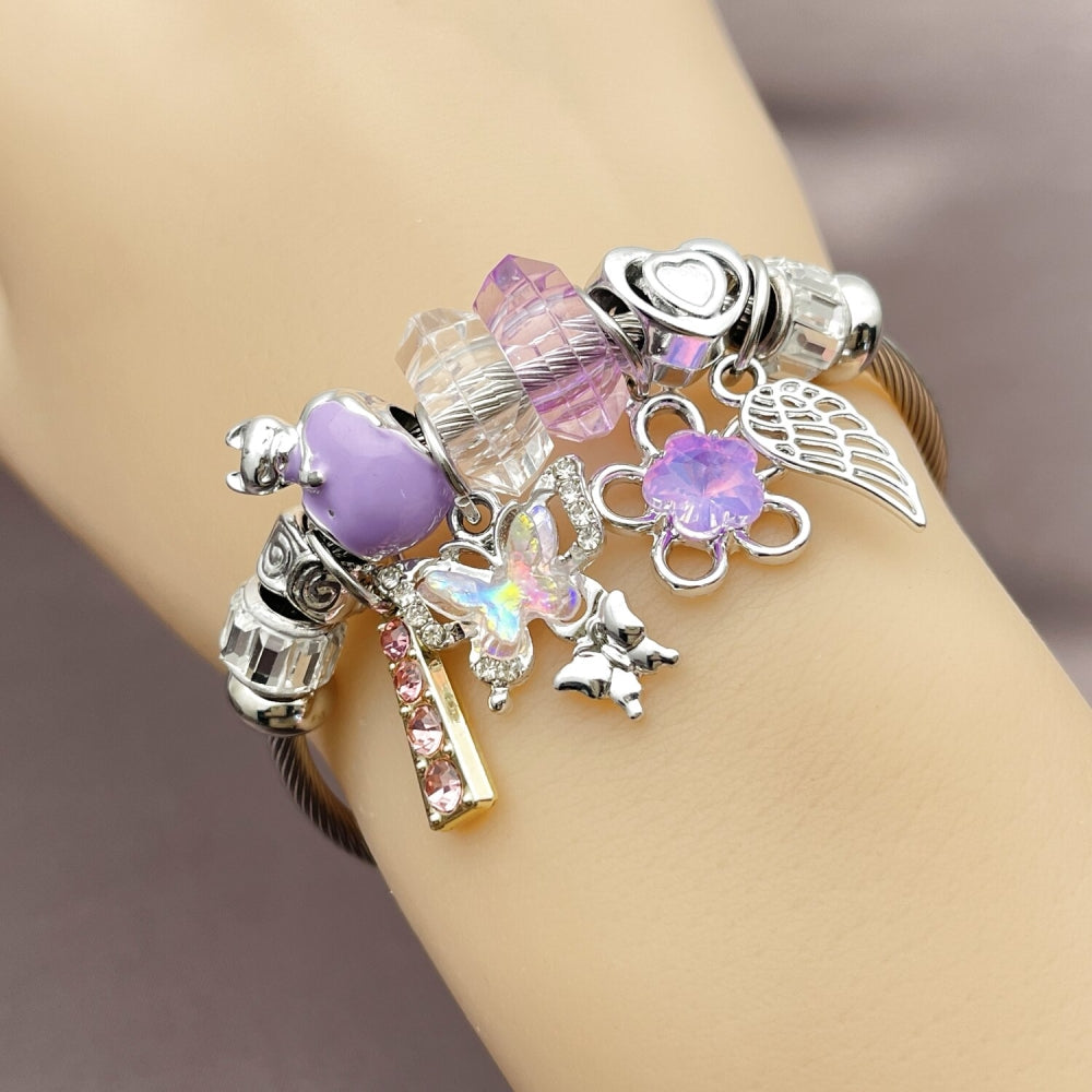 Stainless Steel Individual Bangle, Butterfly and Flower Design, with Violet and Crystal Crystal, Purple Enamel Finish, Two Tone