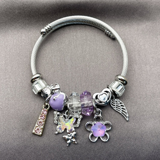 Stainless Steel Individual Bangle, Butterfly and Flower Design, with Violet and Crystal Crystal, Purple Enamel Finish, Two Tone