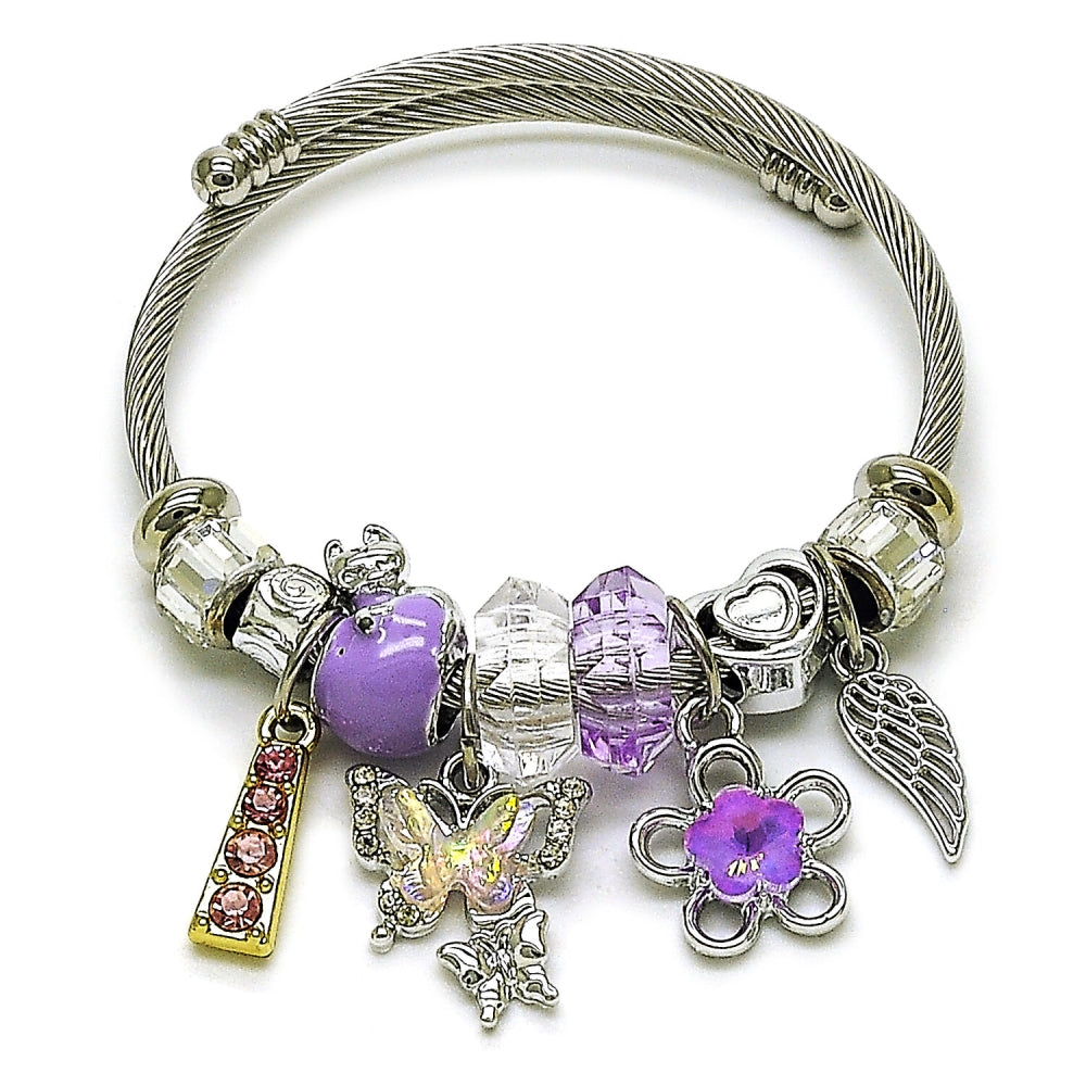 Stainless Steel Individual Bangle, Butterfly and Flower Design, with Violet and Crystal Crystal, Purple Enamel Finish, Two Tone