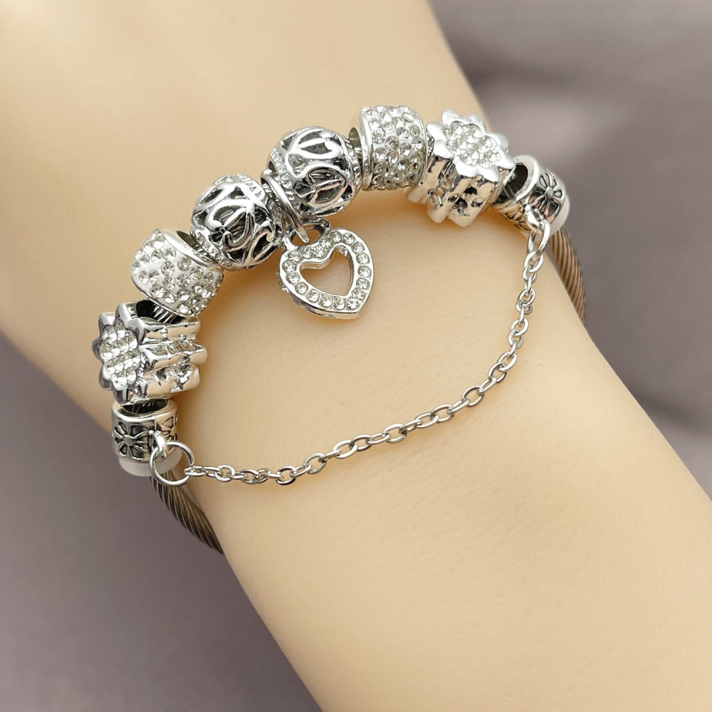 Stainless Steel Individual Bangle, Heart and Flower Design, with Crystal Crystal, Polished, Rhodium Finish