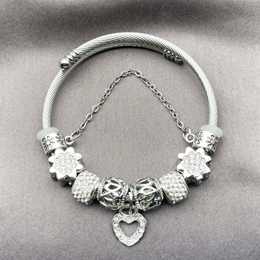 Stainless Steel Individual Bangle, Heart and Flower Design, with Crystal Crystal, Polished, Rhodium Finish