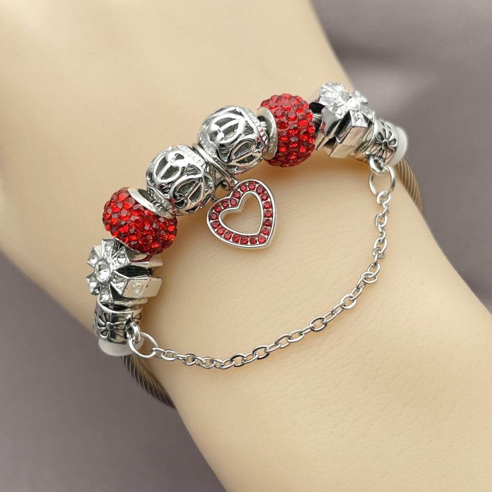 Stainless Steel Individual Bangle, Heart and Flower Design, with Light Siam and Crystal Crystal, Polished, Rhodium Finish