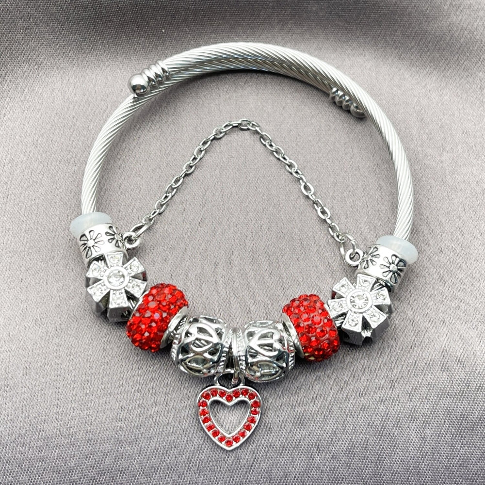 Stainless Steel Individual Bangle, Heart and Flower Design, with Light Siam and Crystal Crystal, Polished, Rhodium Finish
