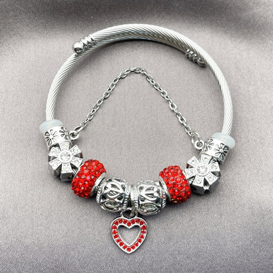Stainless Steel Individual Bangle, Heart and Flower Design, with Light Siam and Crystal Crystal, Polished, Rhodium Finish