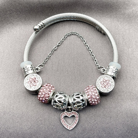 Stainless Steel Individual Bangle, Heart and Flower Design, with Crystal and Light Rose Crystal, Polished, Rhodium Finish