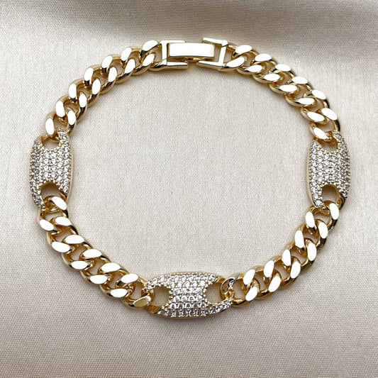 Oro Laminado Fancy Bracelet, Gold Filled Style Puff Mariner and Miami Cuban Design, with White Cubic Zirconia, Polished, Golden Finish
