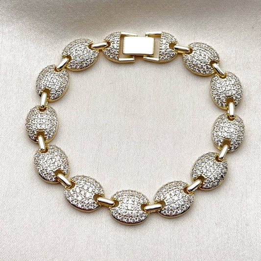 Oro Laminado Tennis Bracelet, Gold Filled Style Puff Mariner Design, with White Cubic Zirconia, Polished, Golden Finish