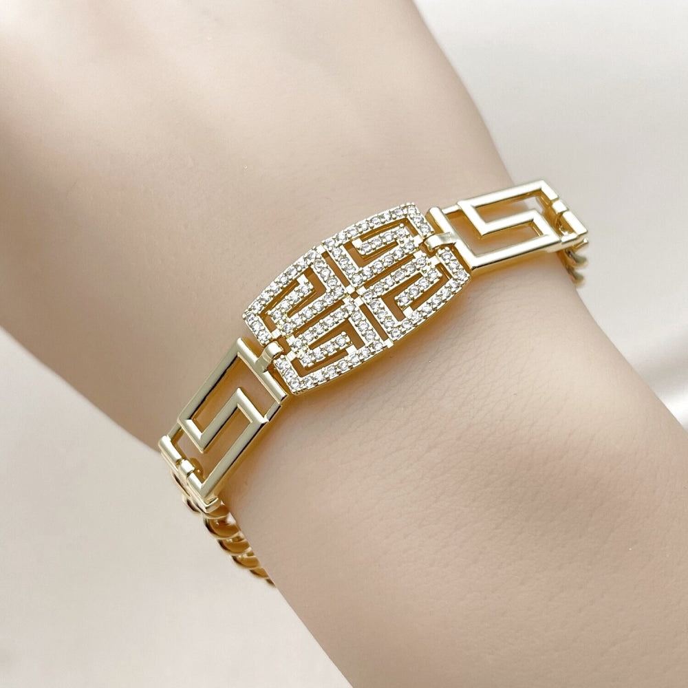 Oro Laminado Fancy Bracelet, Gold Filled Style Greek Key and Miami Cuban Design, with White Micro Pave, Polished, Golden Finish