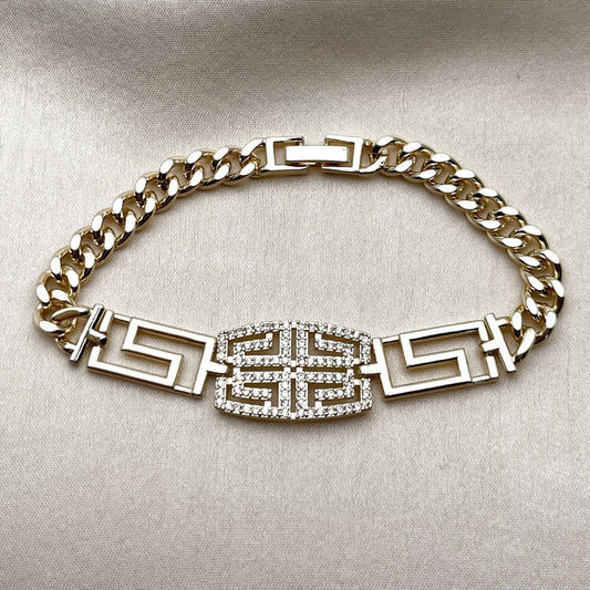 Oro Laminado Fancy Bracelet, Gold Filled Style Greek Key and Miami Cuban Design, with White Micro Pave, Polished, Golden Finish