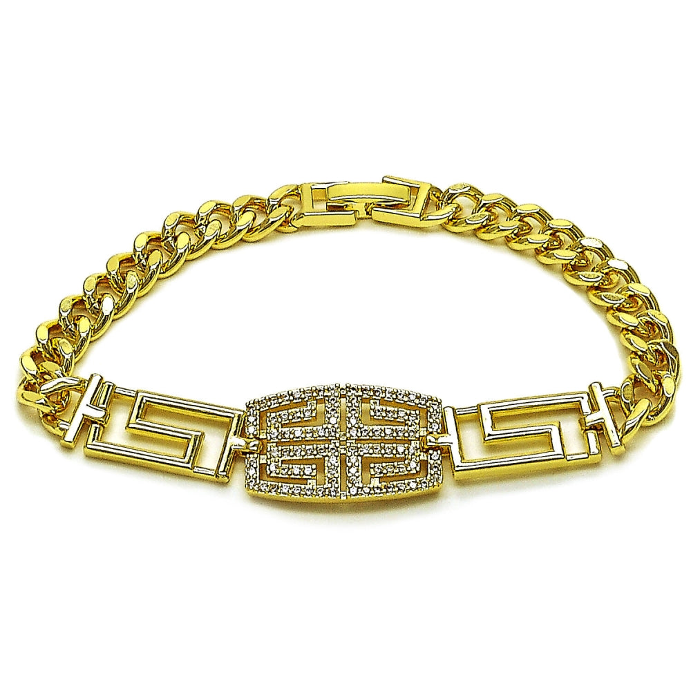 Oro Laminado Fancy Bracelet, Gold Filled Style Greek Key and Miami Cuban Design, with White Micro Pave, Polished, Golden Finish