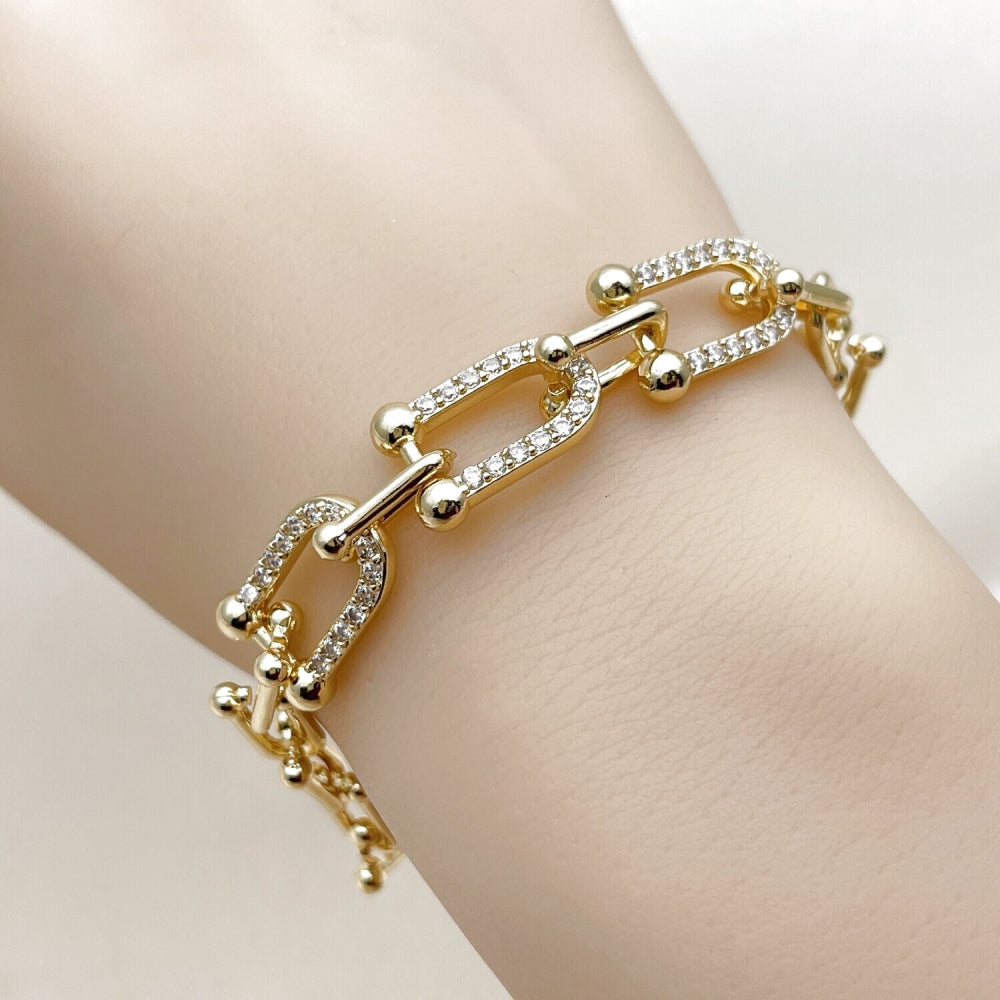 Oro Laminado Fancy Bracelet, Gold Filled Style with White Cubic Zirconia, Polished, Golden Finish
