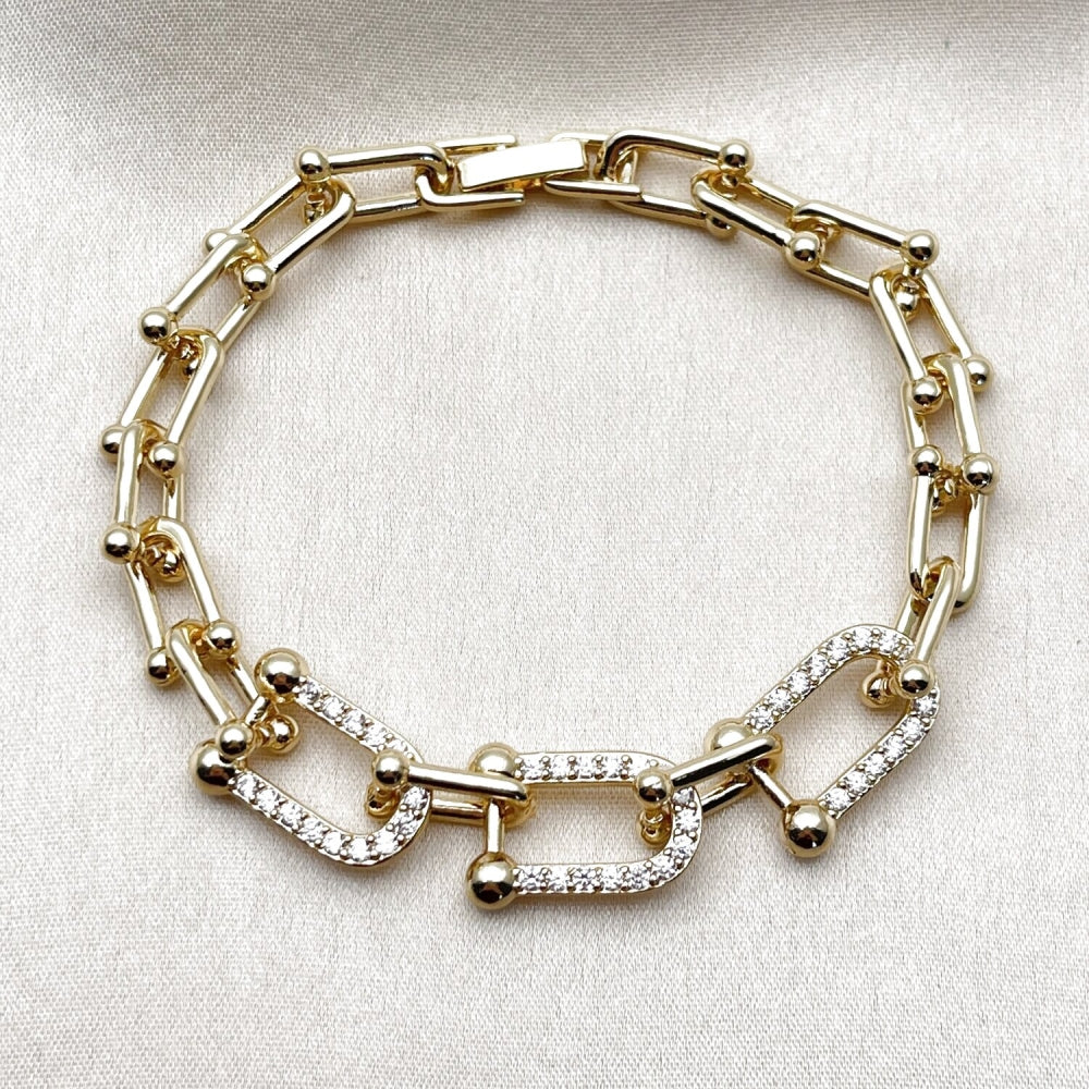 Oro Laminado Fancy Bracelet, Gold Filled Style with White Cubic Zirconia, Polished, Golden Finish