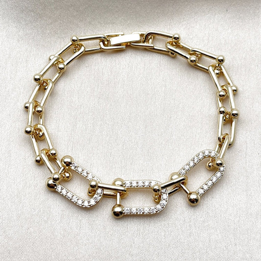 Oro Laminado Fancy Bracelet, Gold Filled Style with White Cubic Zirconia, Polished, Golden Finish