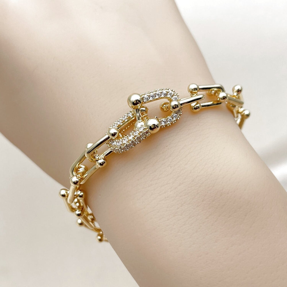 Oro Laminado Fancy Bracelet, Gold Filled Style Horseshoe Design, with White Cubic Zirconia, Polished, Golden Finish