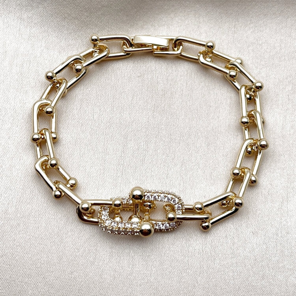 Oro Laminado Fancy Bracelet, Gold Filled Style Horseshoe Design, with White Cubic Zirconia, Polished, Golden Finish