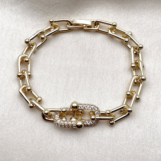 Oro Laminado Fancy Bracelet, Gold Filled Style Horseshoe Design, with White Cubic Zirconia, Polished, Golden Finish