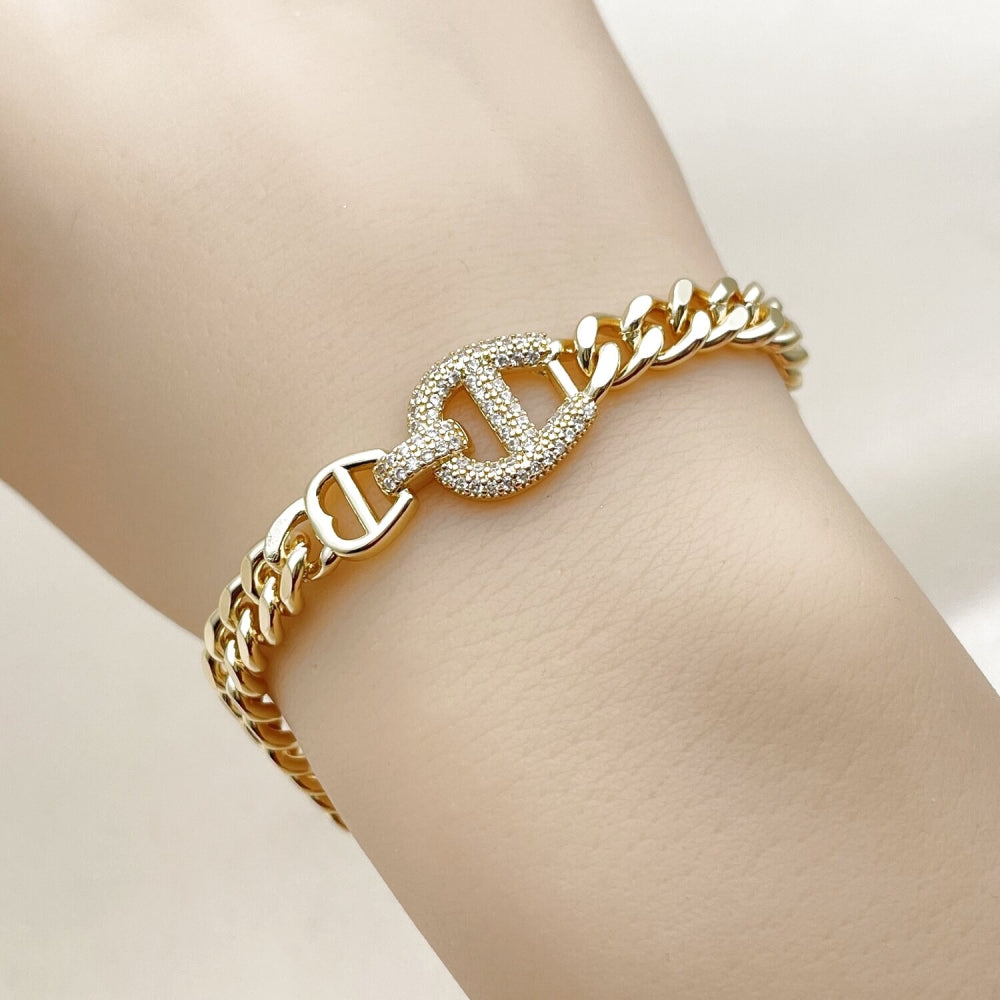 Oro Laminado Fancy Bracelet, Gold Filled Style Puff Mariner Design, with White Micro Pave, Polished, Golden Finish