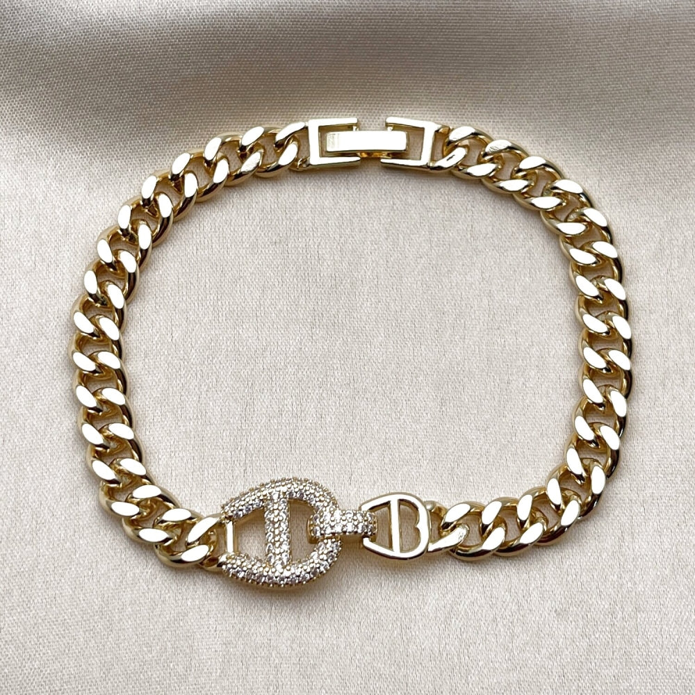 Oro Laminado Fancy Bracelet, Gold Filled Style Puff Mariner Design, with White Micro Pave, Polished, Golden Finish